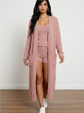 Dusty Pink Plush Long Cardigan